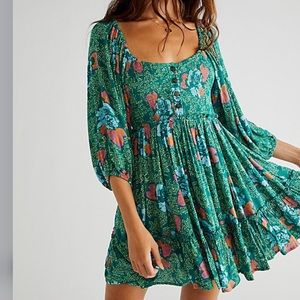 Free People Emerald Green Floral Babydoll Mini Dress